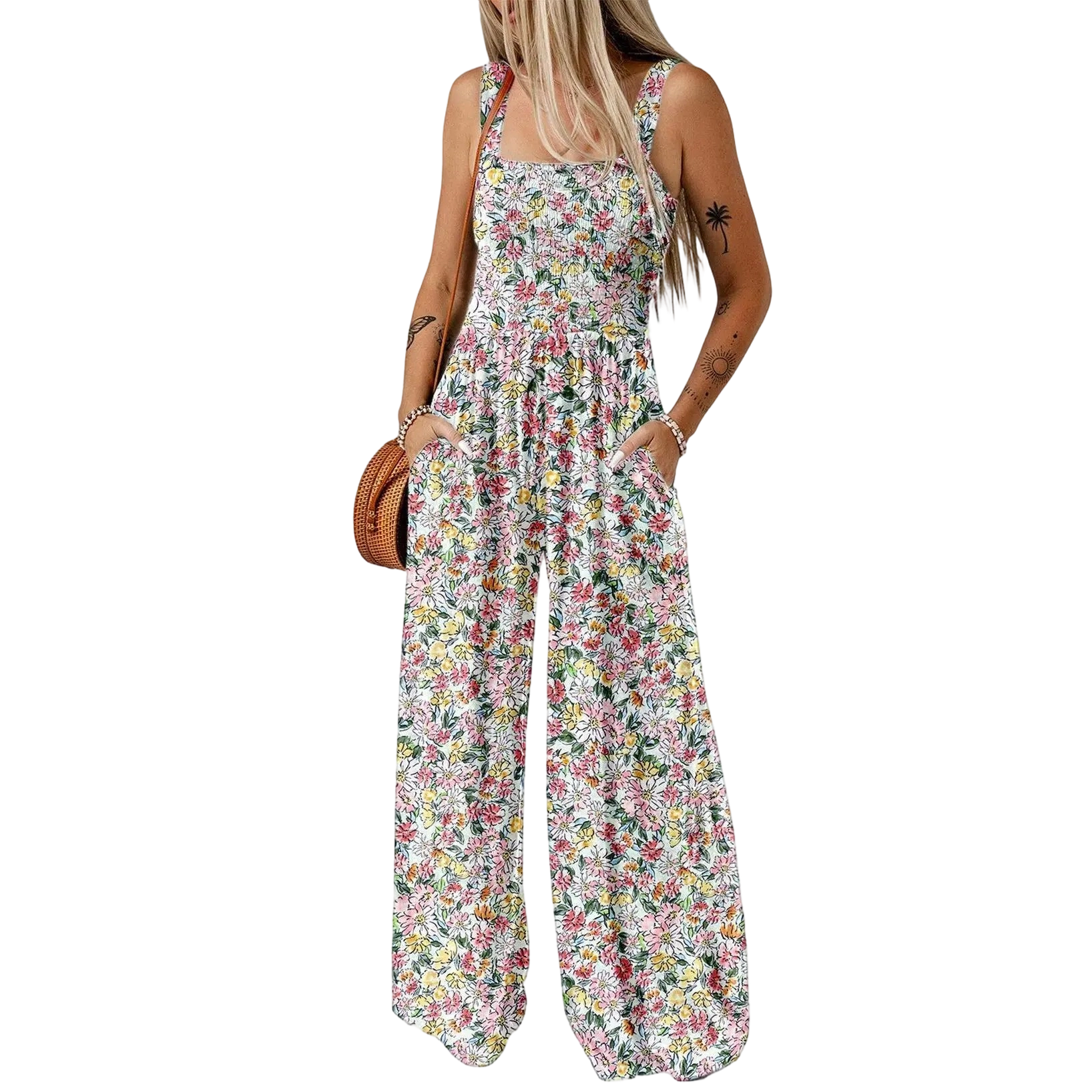 Women's Casual Loose Overalls Jumpsuits One Piece Sleeveless Printed Wide Leg Long Pant Rompers