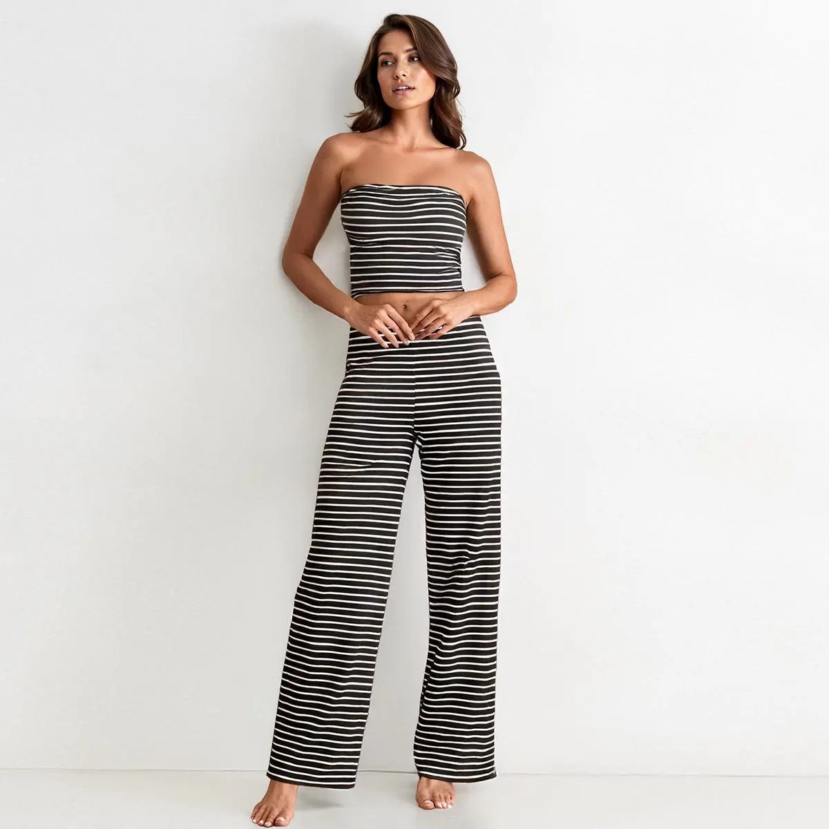 Women's Chic Color Matching Stripe Slim Tube Top & Low-Rise Wide Leg Trousers Co-ord, Soft Spring & Summer Holiday Outfits
