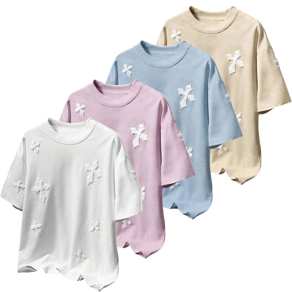 Men's Cross Stitch Embroidered Solid Color Round Neck T-Shirt