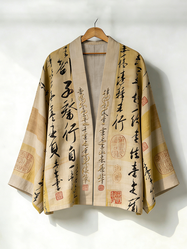 Men's Retro Calligraphy Art Print Linen Kimono