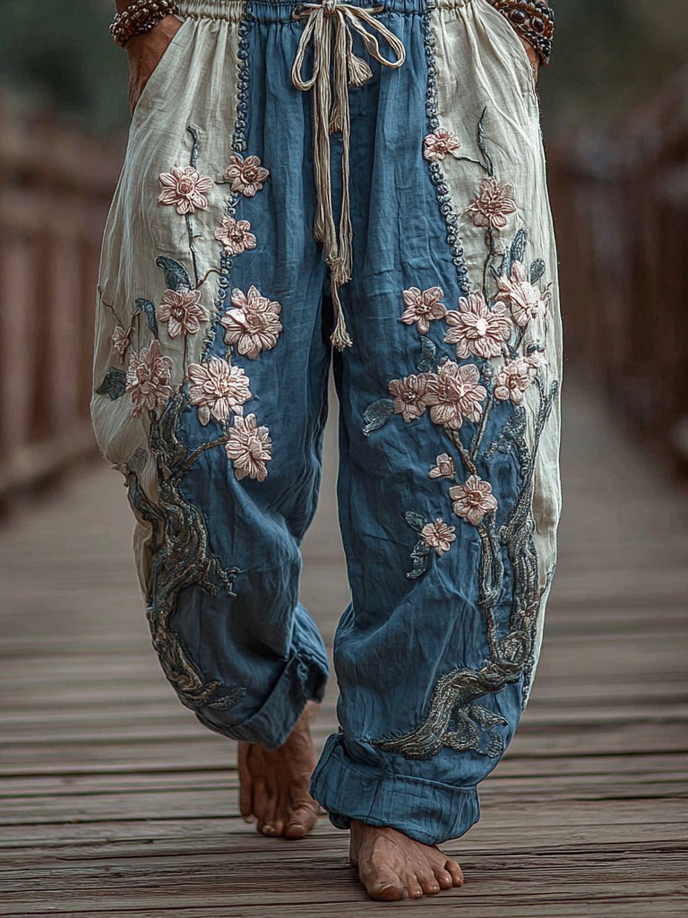 Men's Japanese Cherry Blossoms Embroidered Art Wide Leg Linen Pants