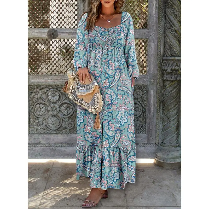 Women’s Long Sleeve Boho Dress – Square Neck & Button Detail