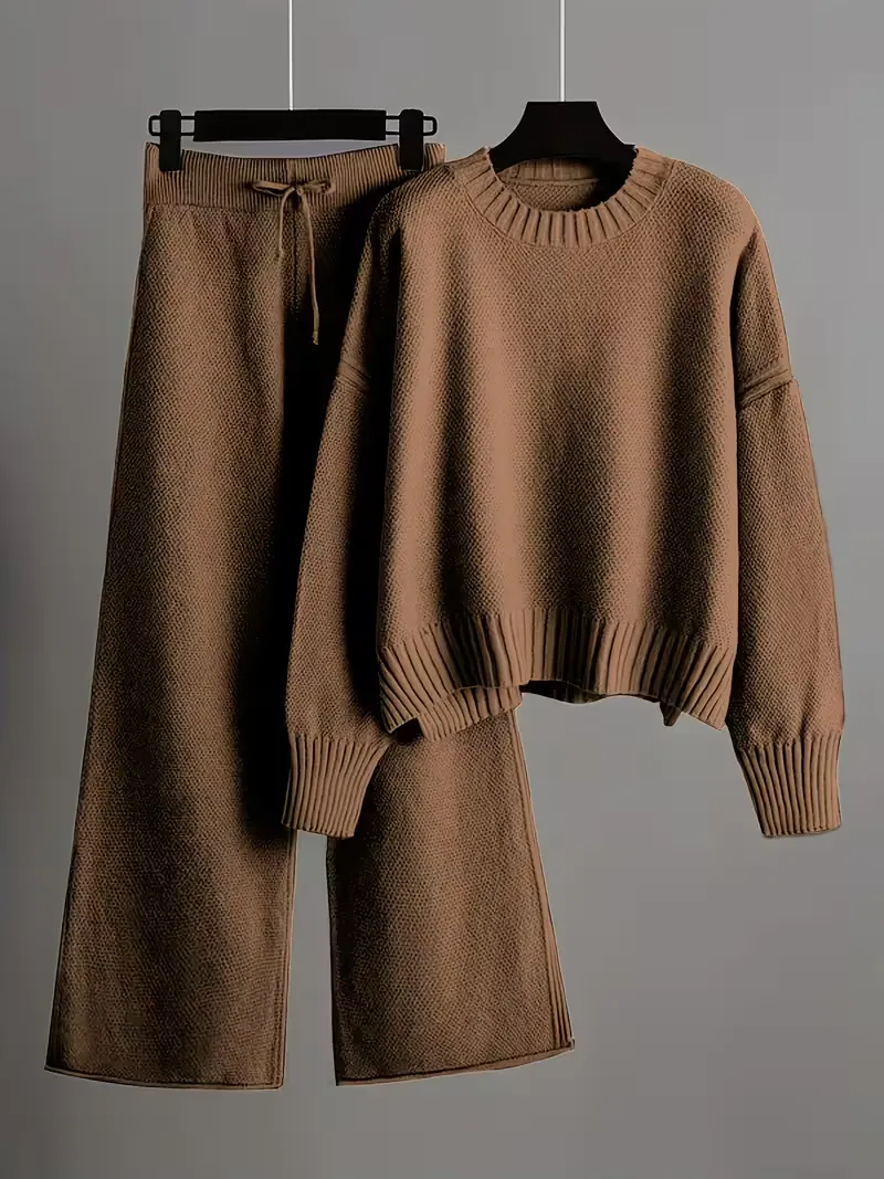 Elegant Seed Stitch Knit Sweater & Wide-Leg Pants Two-Piece Set