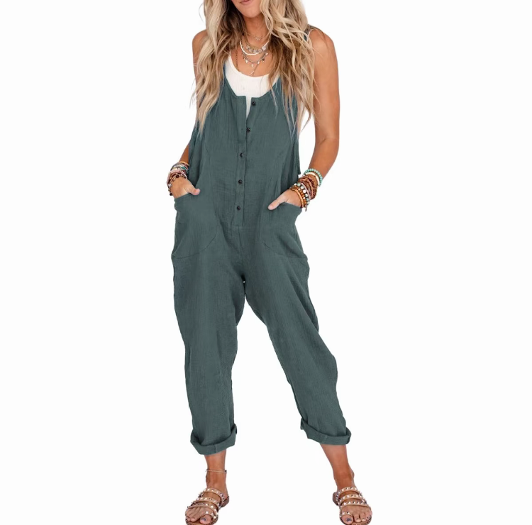 Women's Linen Cotton Overalls – Lightweight Casual Jumpsuits with Pockets for Summer