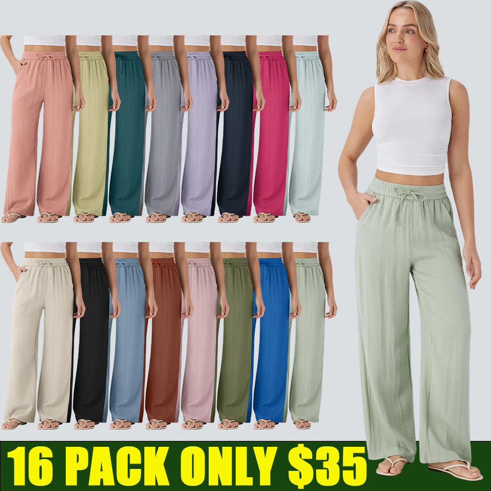 Women's High Waist Drawstring Wide Leg Linen-Feel Casual Pants with Pockets
