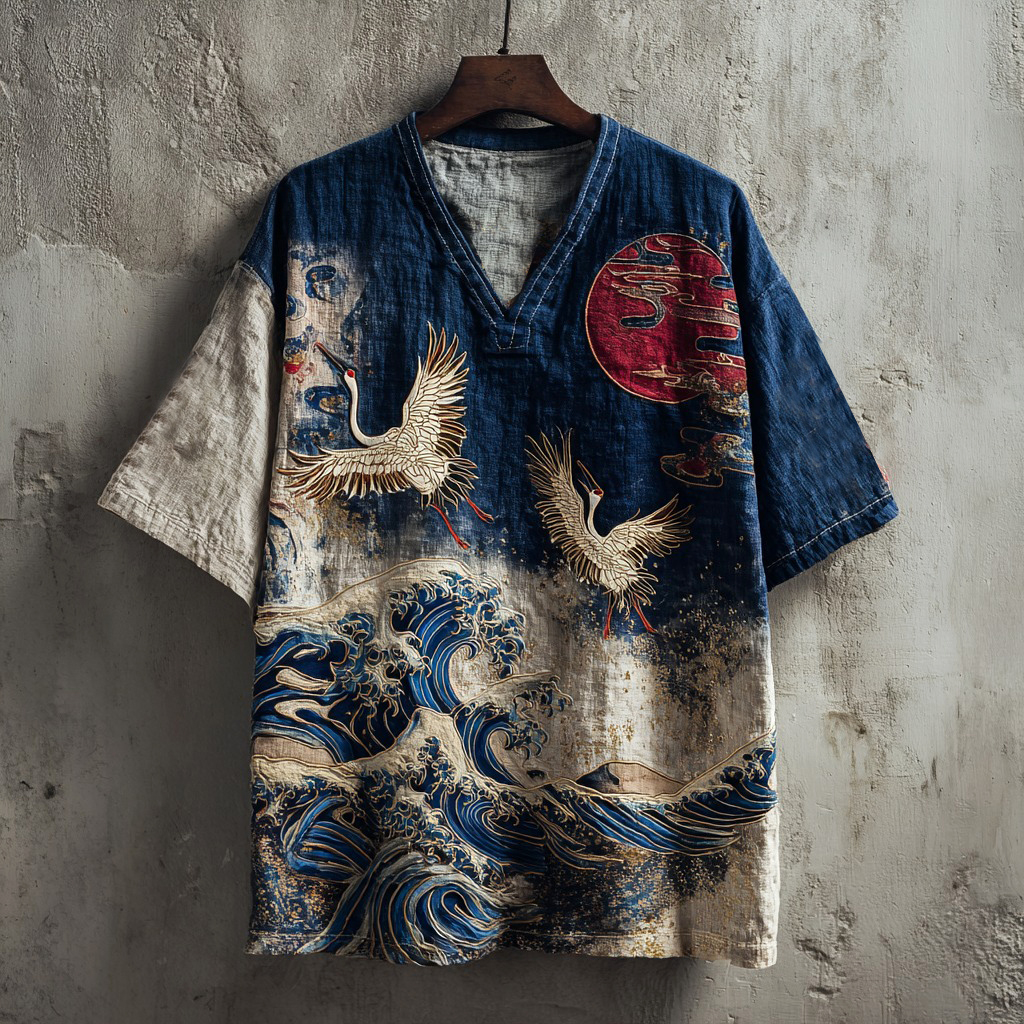 Japanese Pine And Waves Embroidered V-neck Linen Shirt