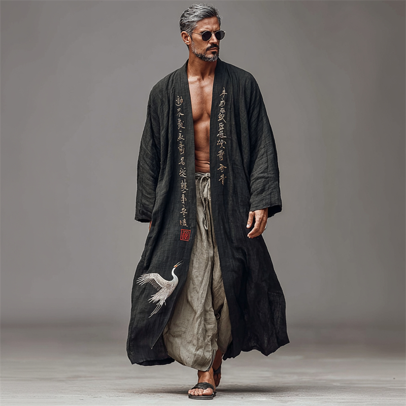 Men's Japanese Crane Calligraphy Art Long Linen Kimono