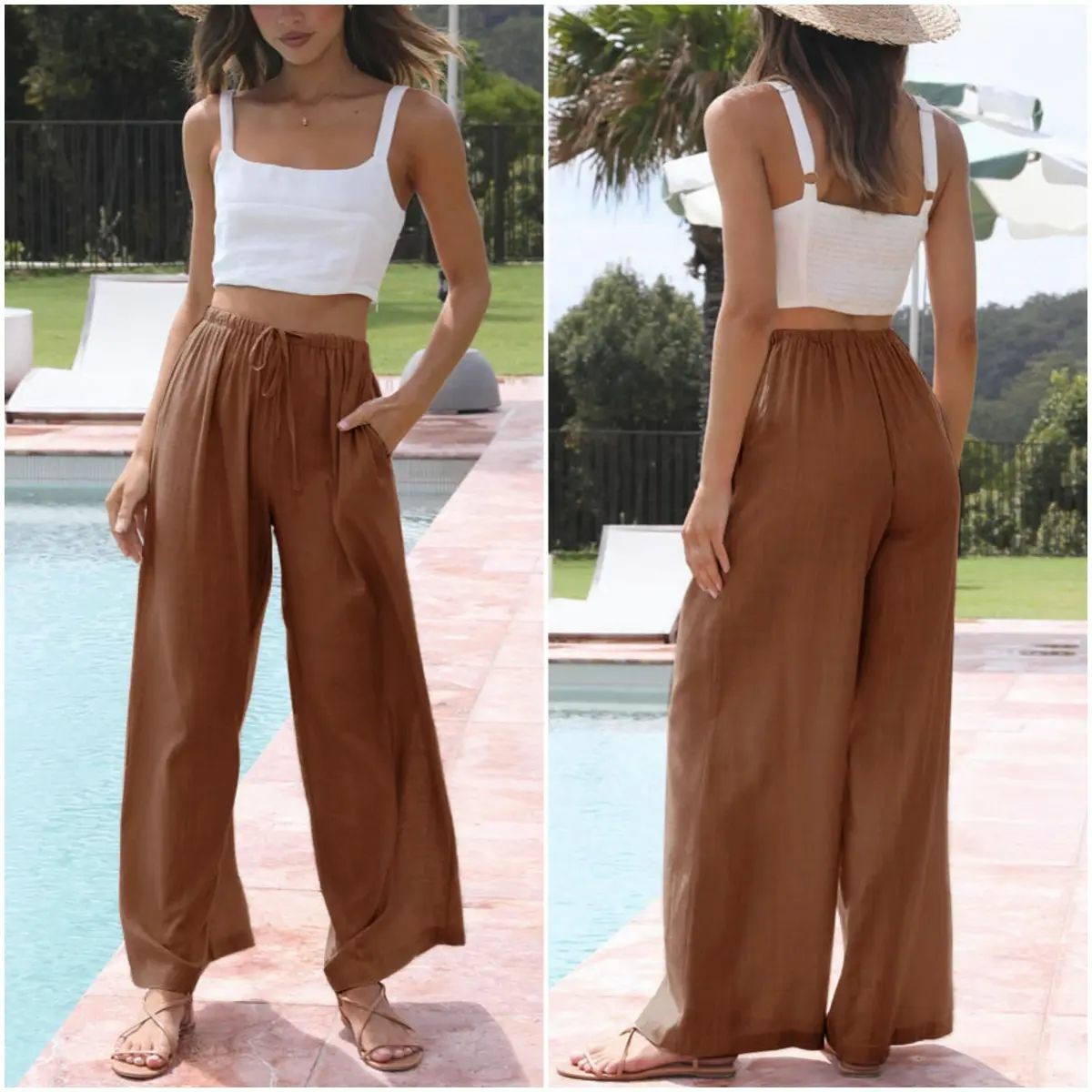 Women's Cotton Linen Summer Palazzo Pants Flowy Wide Leg Beach Trousers with Pockets Casual Womenswear