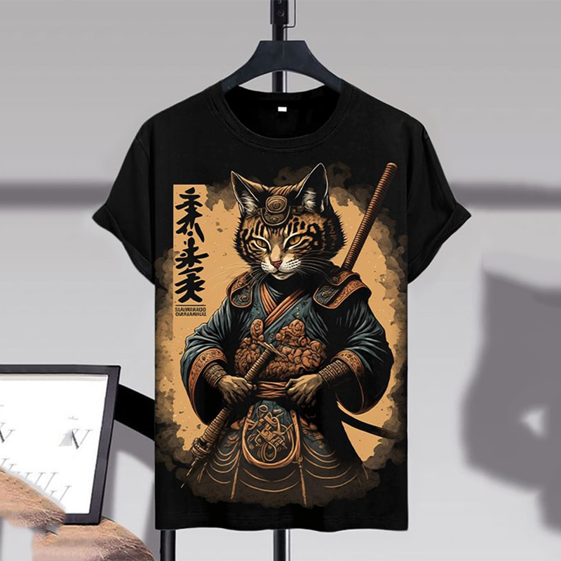 Men'S Samurai Cat Japanese Art Print Casual T-Shirt
