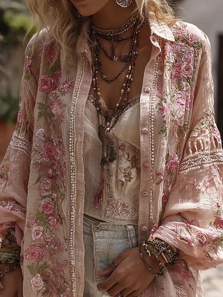 Women's Vintage Floral Embroidered Casual Button-down Shirt