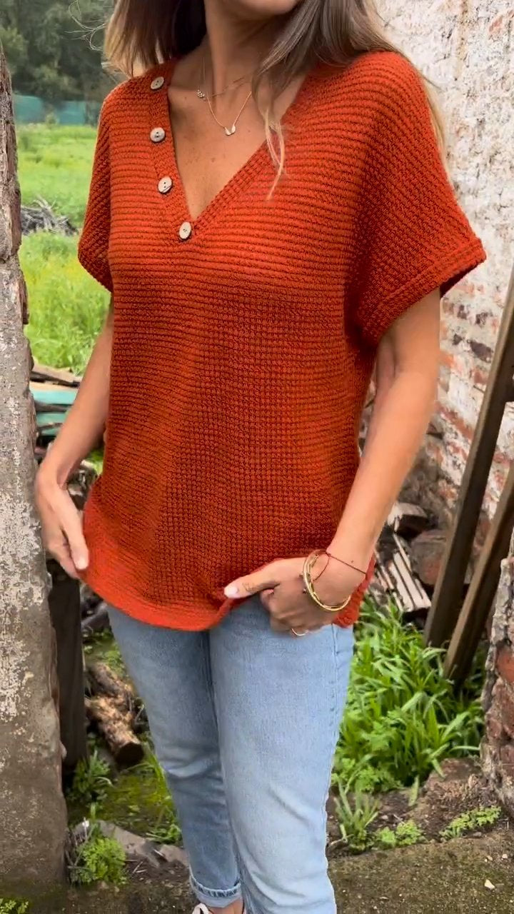 Women Summer Casual Knitted Cotton and Linen V-neck Top