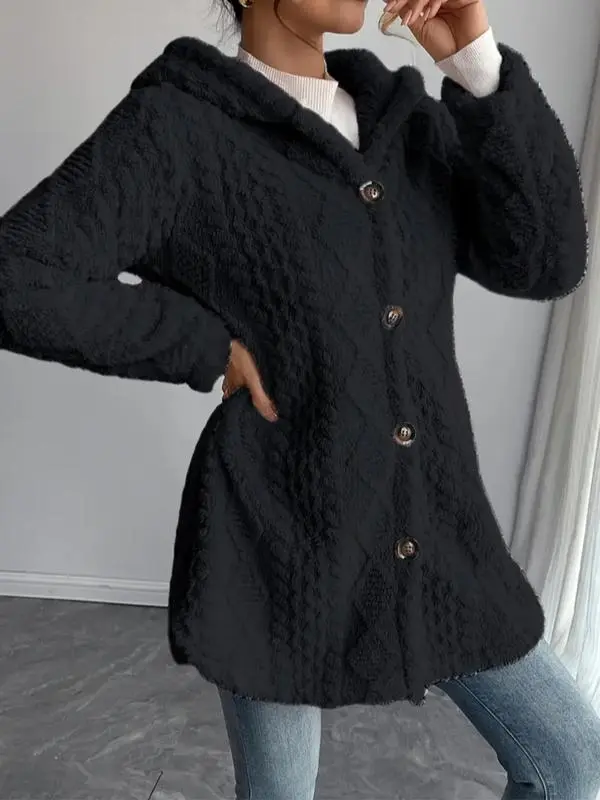 Women's Fall Winter Warm Fashion Jacquard Hooded Cardigan Long Sleeve Coat