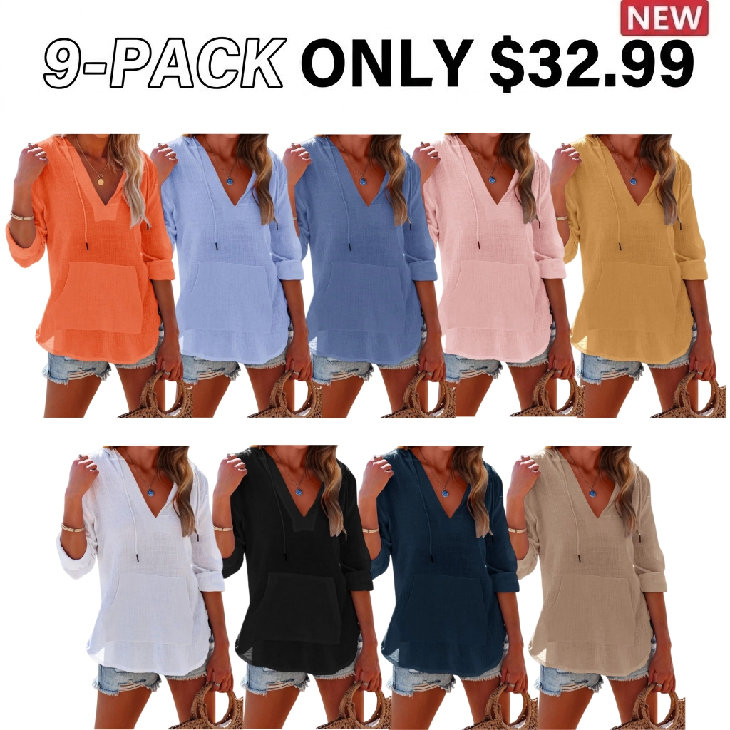 Women's Beach Cover Up hoodies sweatshirt Long Sleeve V Neck Pocketed Hooded Shirt Top