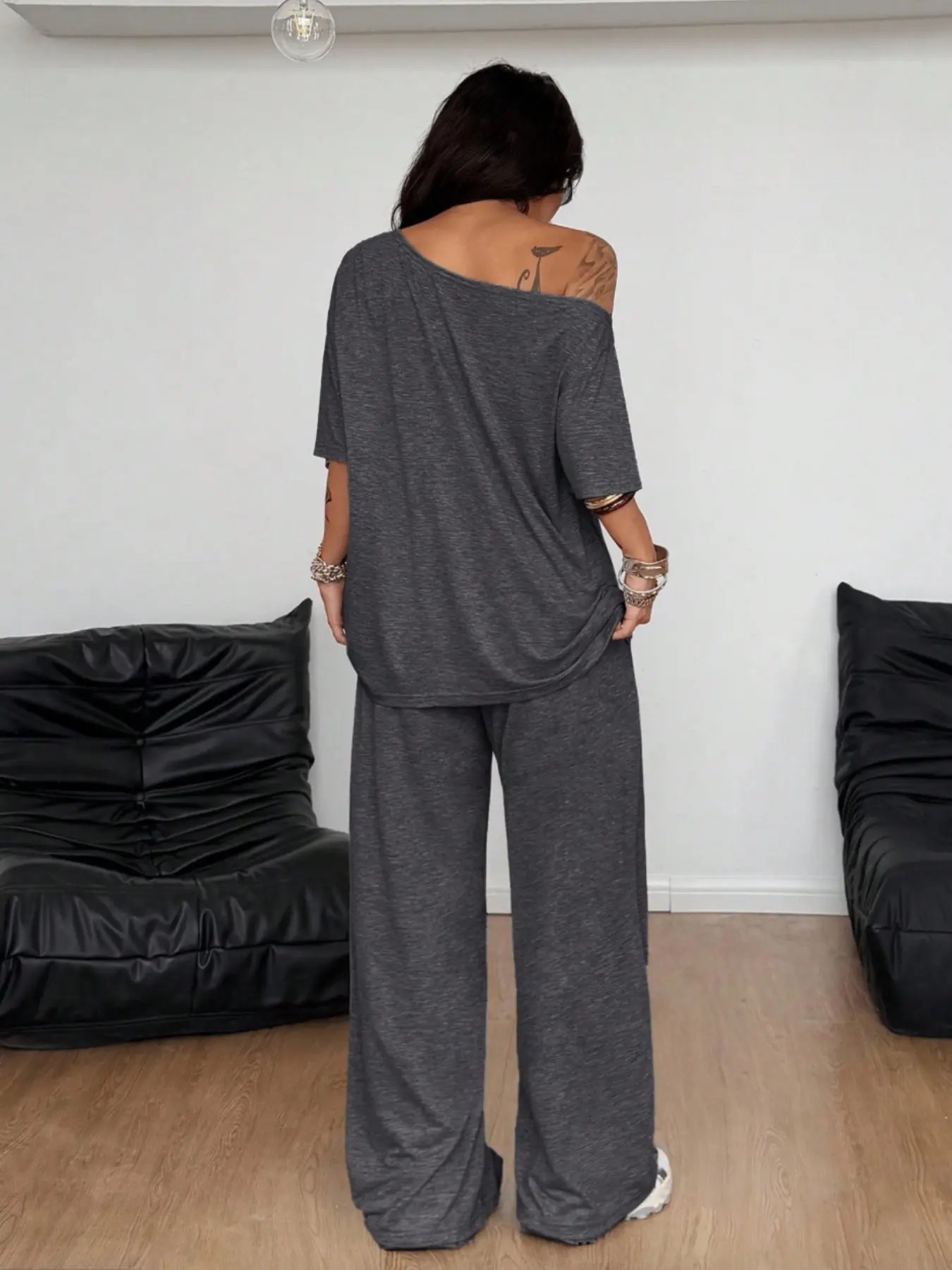 Women's Minimalist Basic Daily Wear Going Out Sport Comfortable Off Shoulder T-Shirt And Wide Leg Pants Two Pieces Outfits