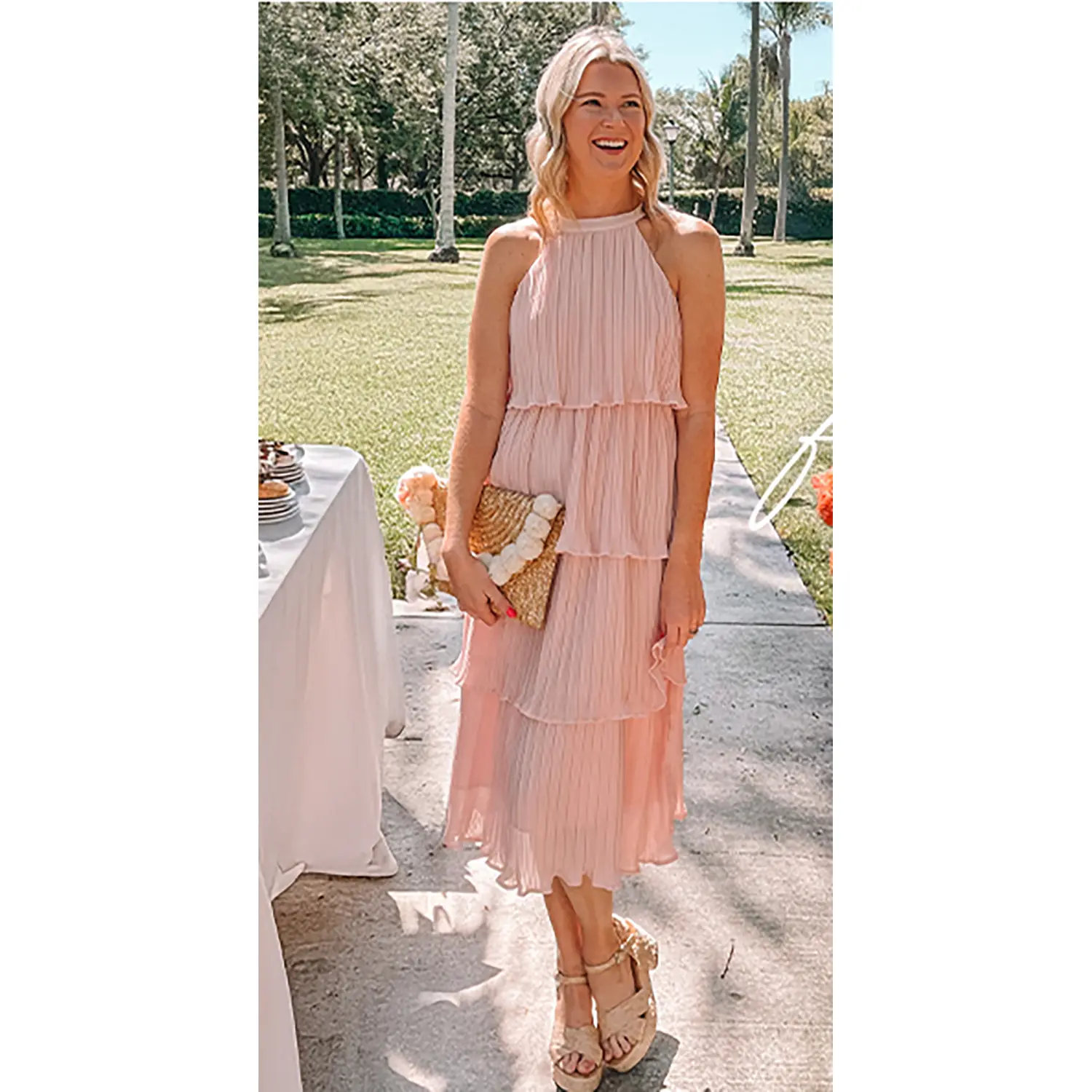 ✨Women's 2026 Summer Sleeveless Halter Neck Ruffle Tiered Layed Chiffon Flowy Swing Long Midi Dress