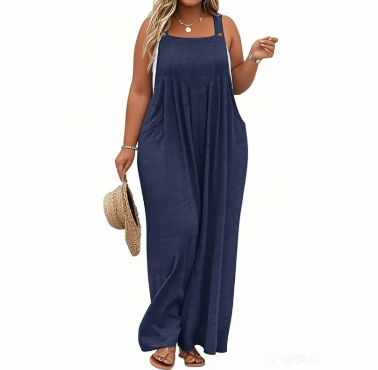 2025 Plus Size Wide Leg Jumpsuit – Loose Summer Romper with Pockets
