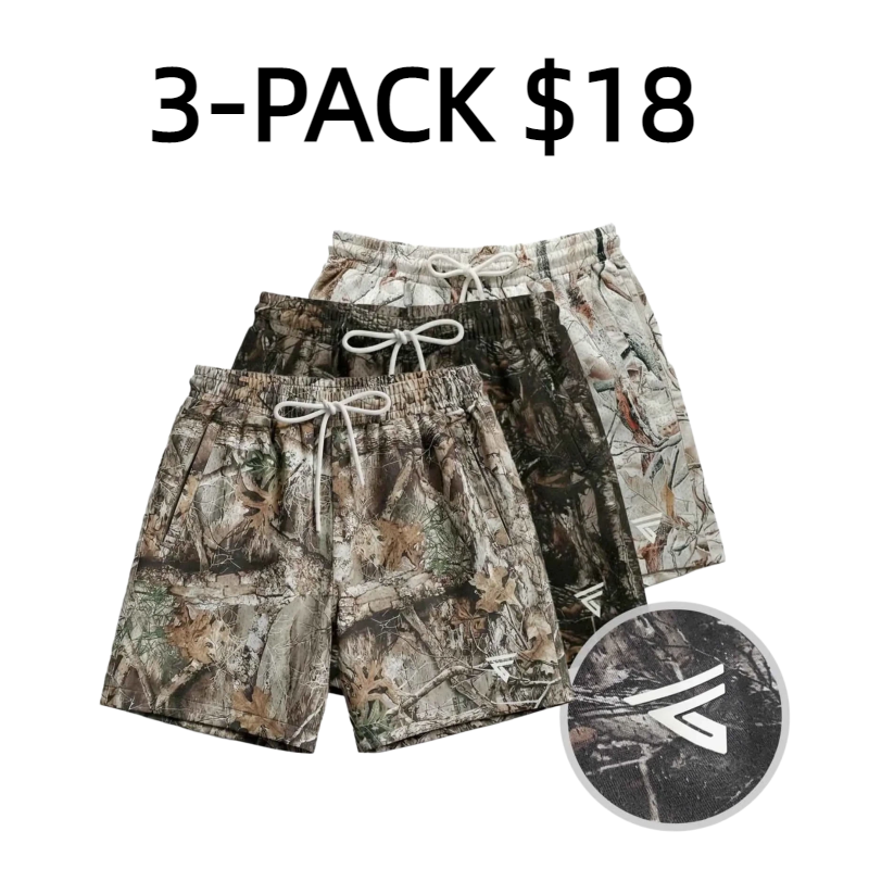 Pack 3 Men’s Hunting Camo Double-Layer Shorts – Breathable Gym/Running Shorts with Zip Side Pockets