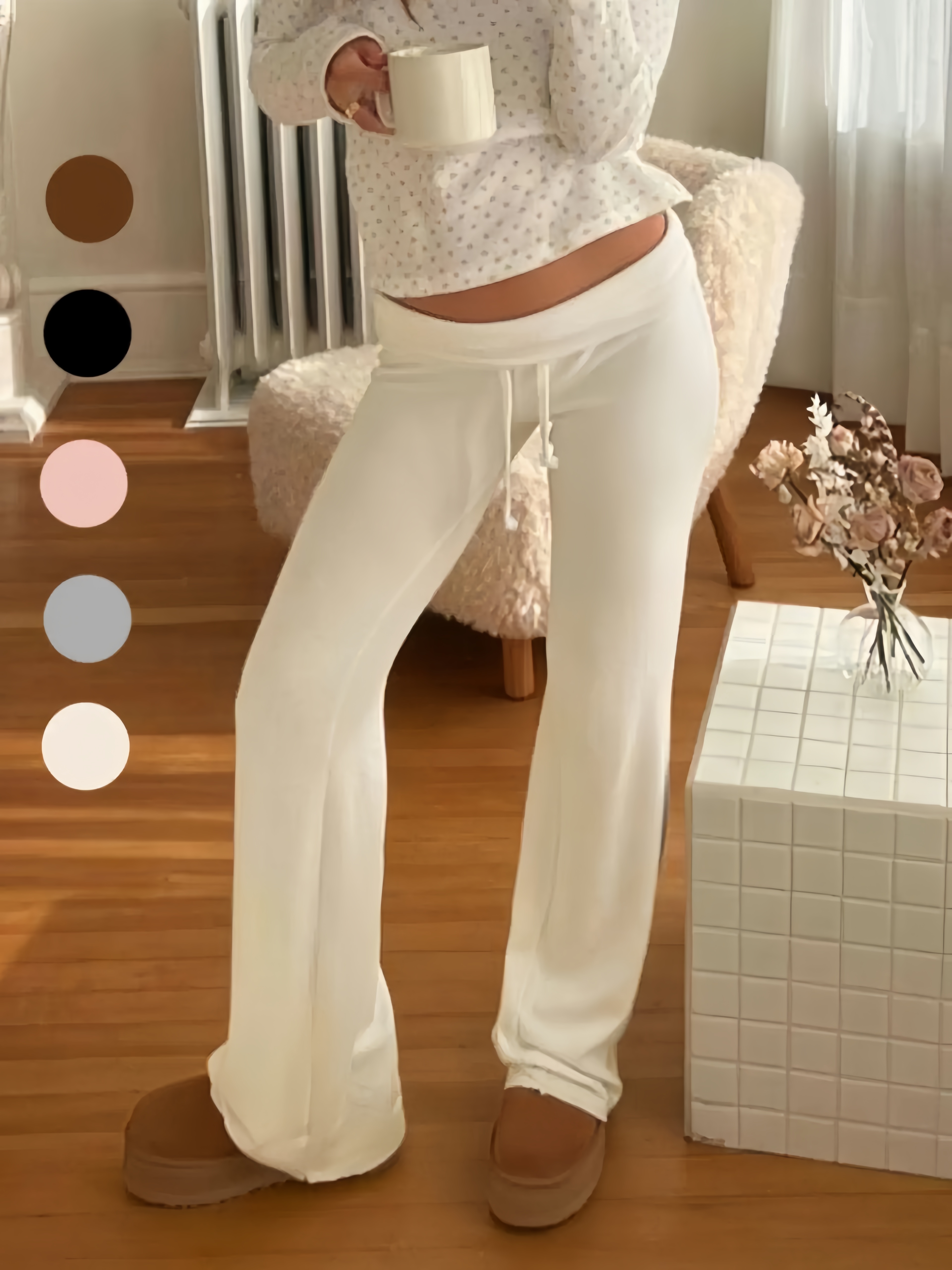 Women's Solid Adjustable Drawstring Foldover Waist Straight Leg Fitted Pants