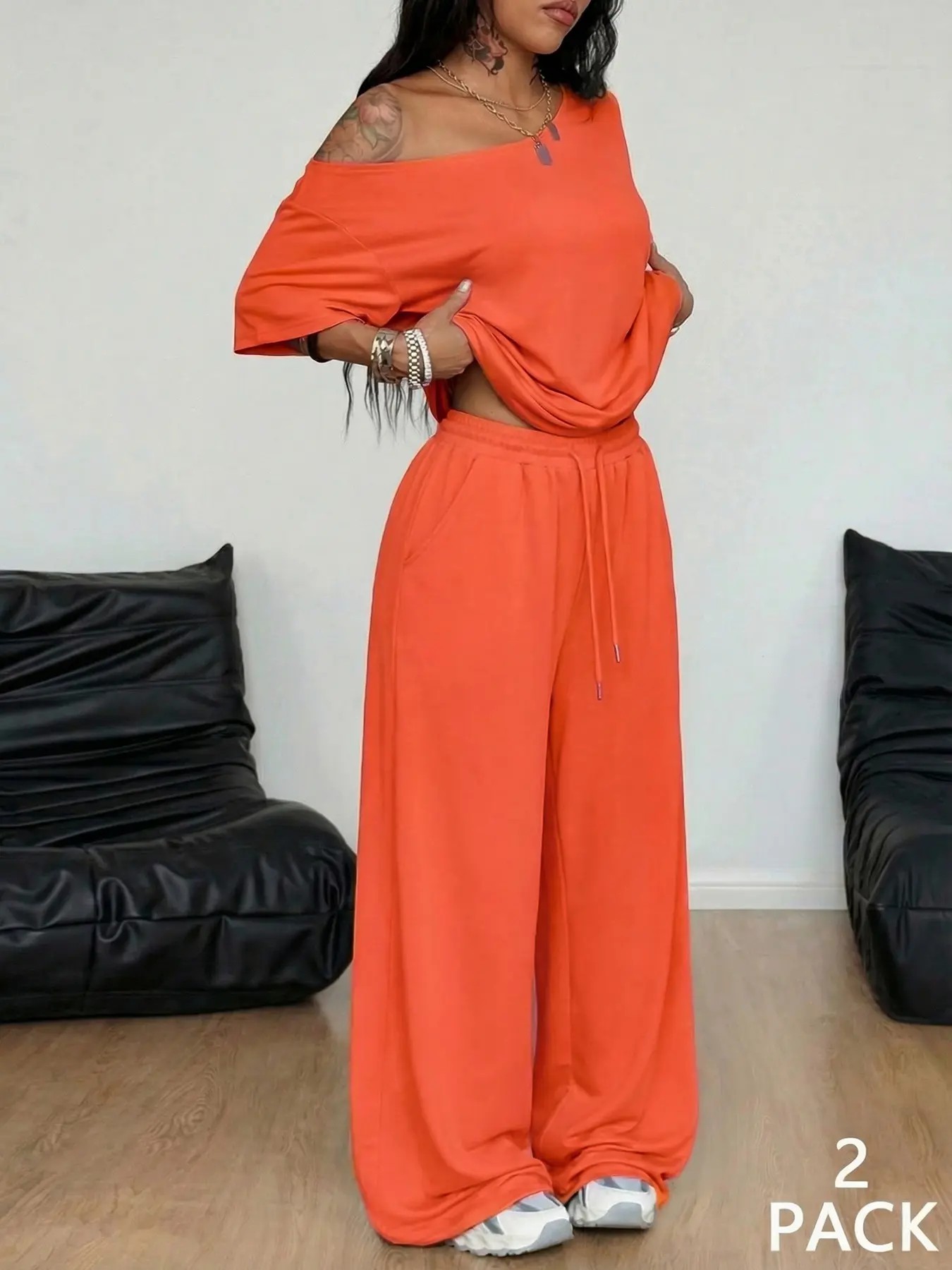 Women's Minimalist Basic Daily Wear Casual Going Out Sport Comfortable Off Shoulder T-Shirt And Wide Leg Pants Two Pieces Outfits