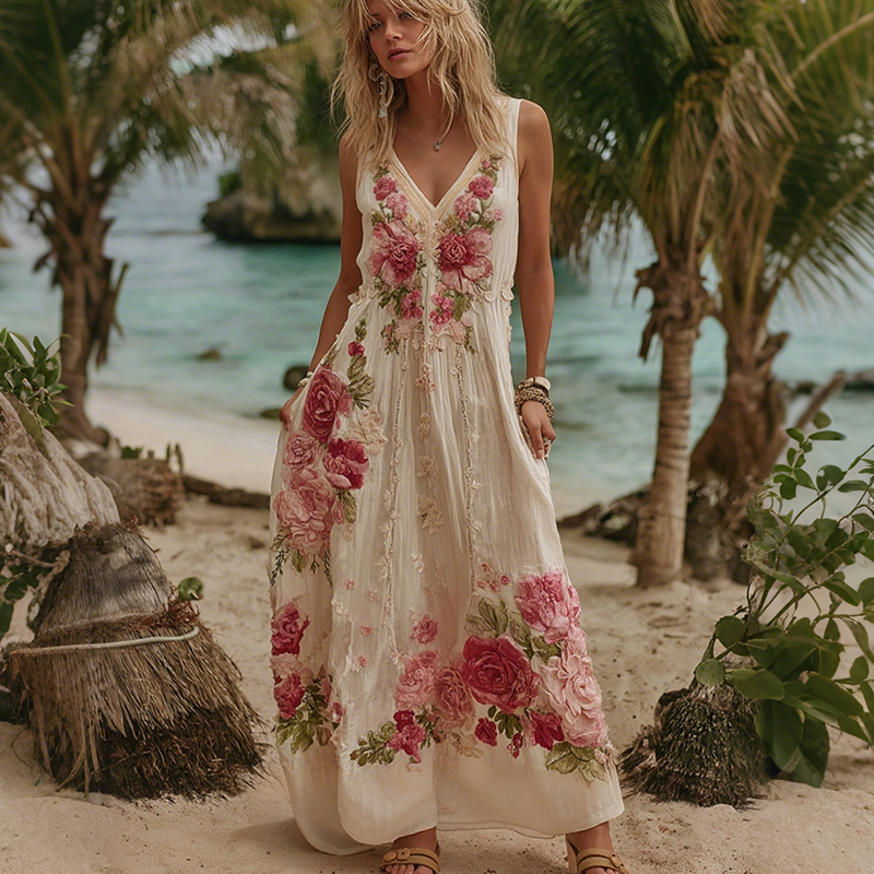 Women Vintage Pink Floral Embroidery Art V Neck Linen Maxi Dress