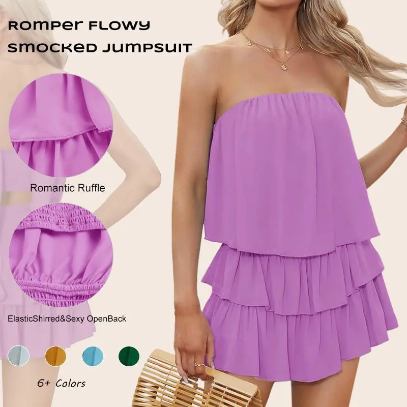 Women Off The Shoulder Romper Flowy Strapless Smocked Jumpsuit Playsuits Dress