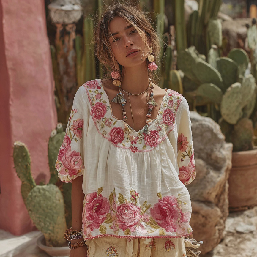 Women's Vintage Floral Art Embroidery Linen T-shirt