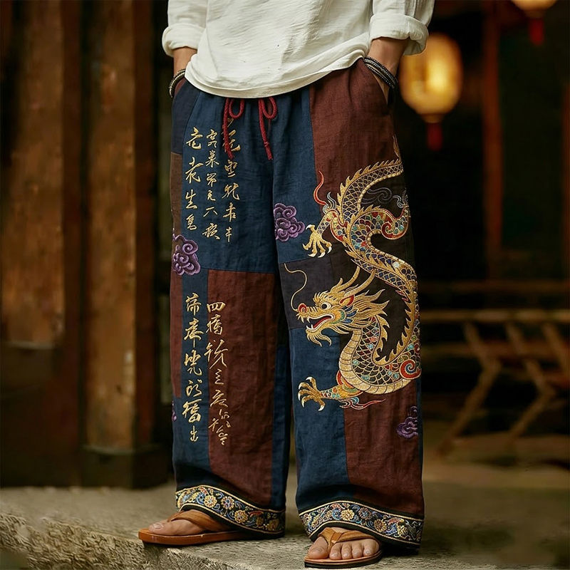 Men's Vintage Japanese Calligraphy Dragon Art Pattern Linen Blend Pants