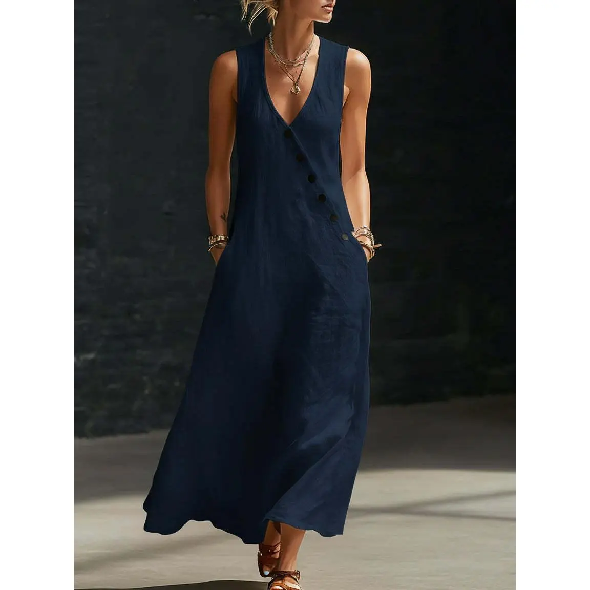 Boho Linen Maxi Dress - Perfect for Beach, Vacation & Brunch! Sleeveless V-Neck Button Detail Casual Dress with Pockets # SleevelessDress