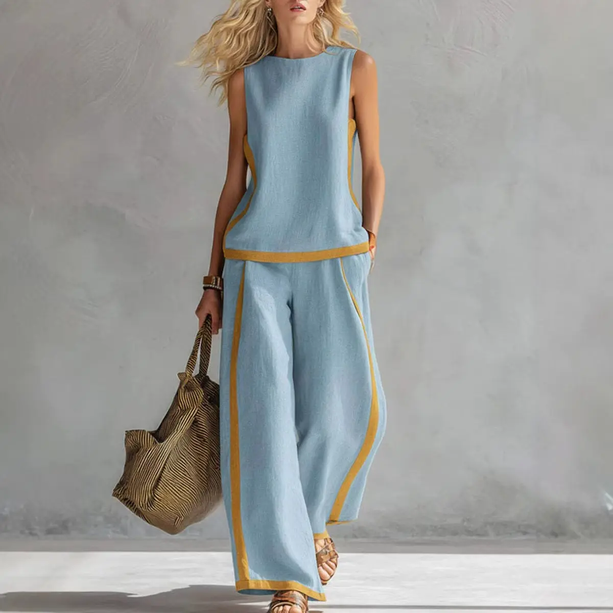2026 Linen Blend Two Piece Set for Women Sleeveless Color Block Top Wide Leg Pants Set Casual Summer Outfit