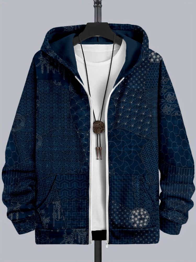 Men's Japanese Traditional Sashiko Art Comfy Full Zip Hoodie