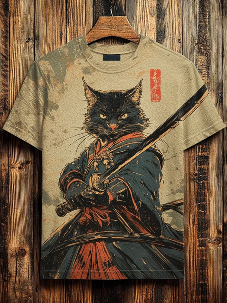 Men's Black Cat Samurai Japanese Art Print Casual T-shirt