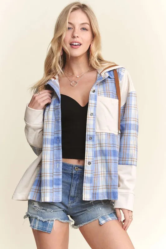Button Down Plaid Hoodie Shacket