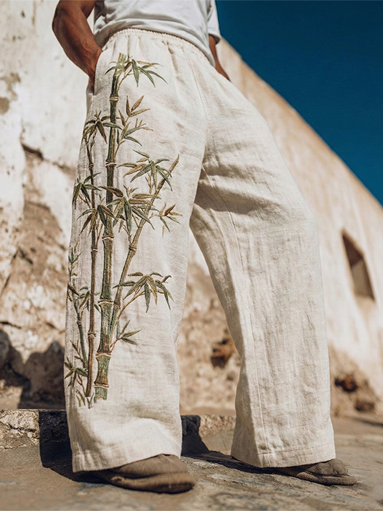 Men's Japanese Bamboo Art Pattern Linen Blend Pants