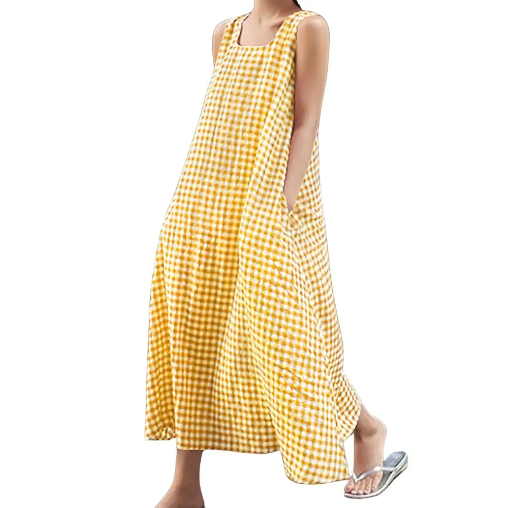 Women's Plaid Cotton Sleeveless Maxi Dress