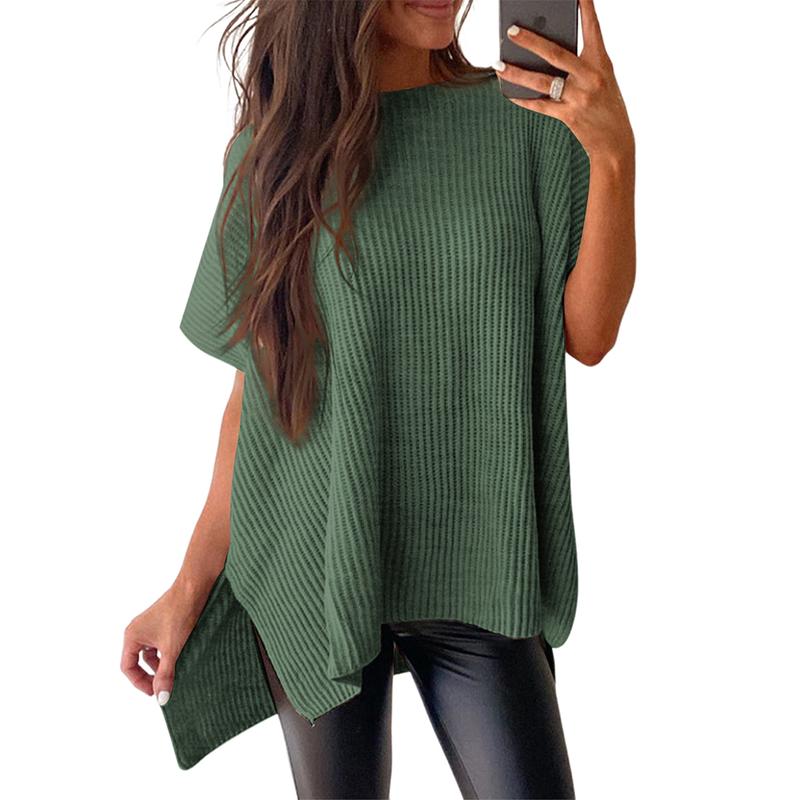 Women’s Oversized Ribbed Knit Top – Crew Neck Short Sleeve Pullover with Side Slit