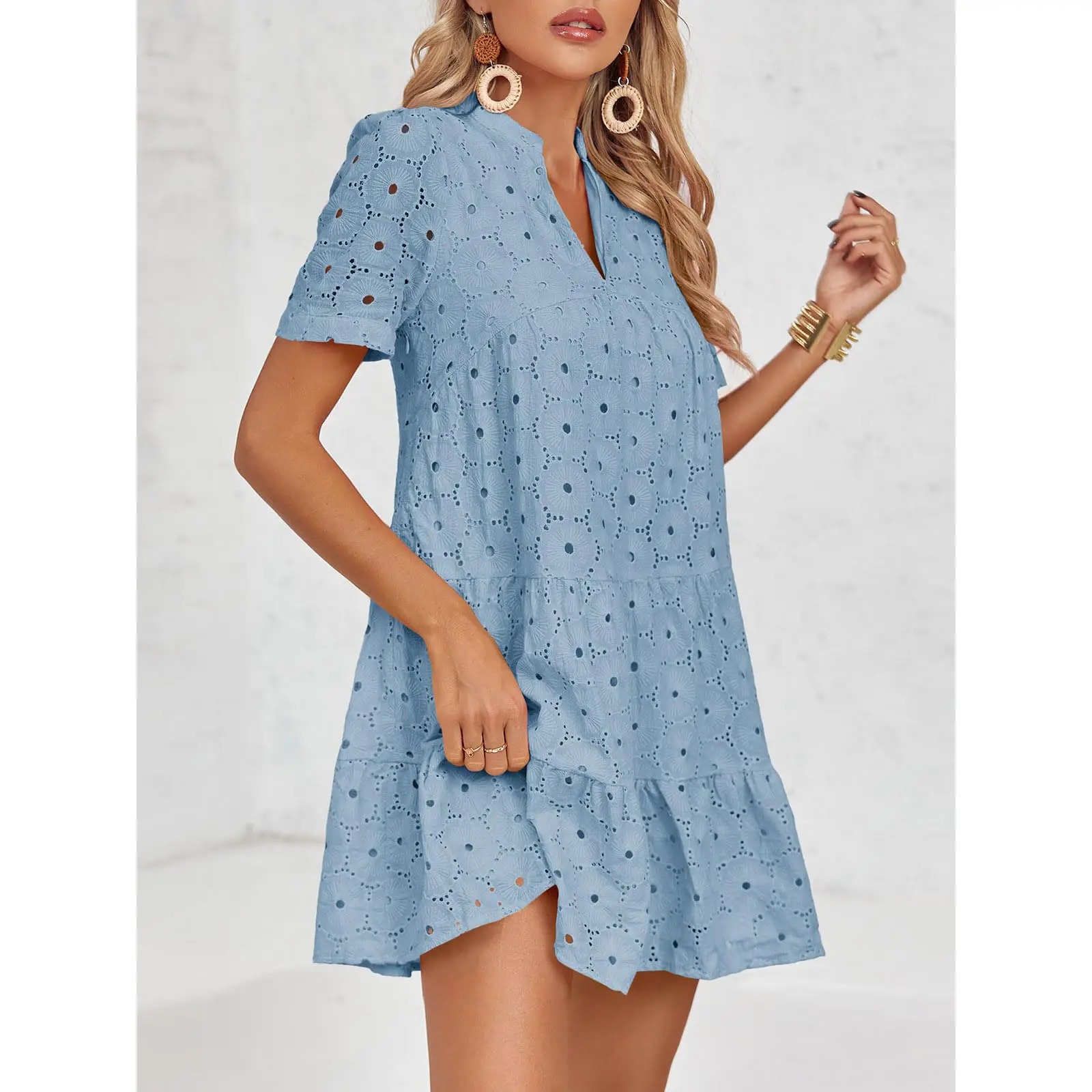 Women’s Eyelet Lace Summer Tunic Dress – Flowy V-Neck Babydoll Style