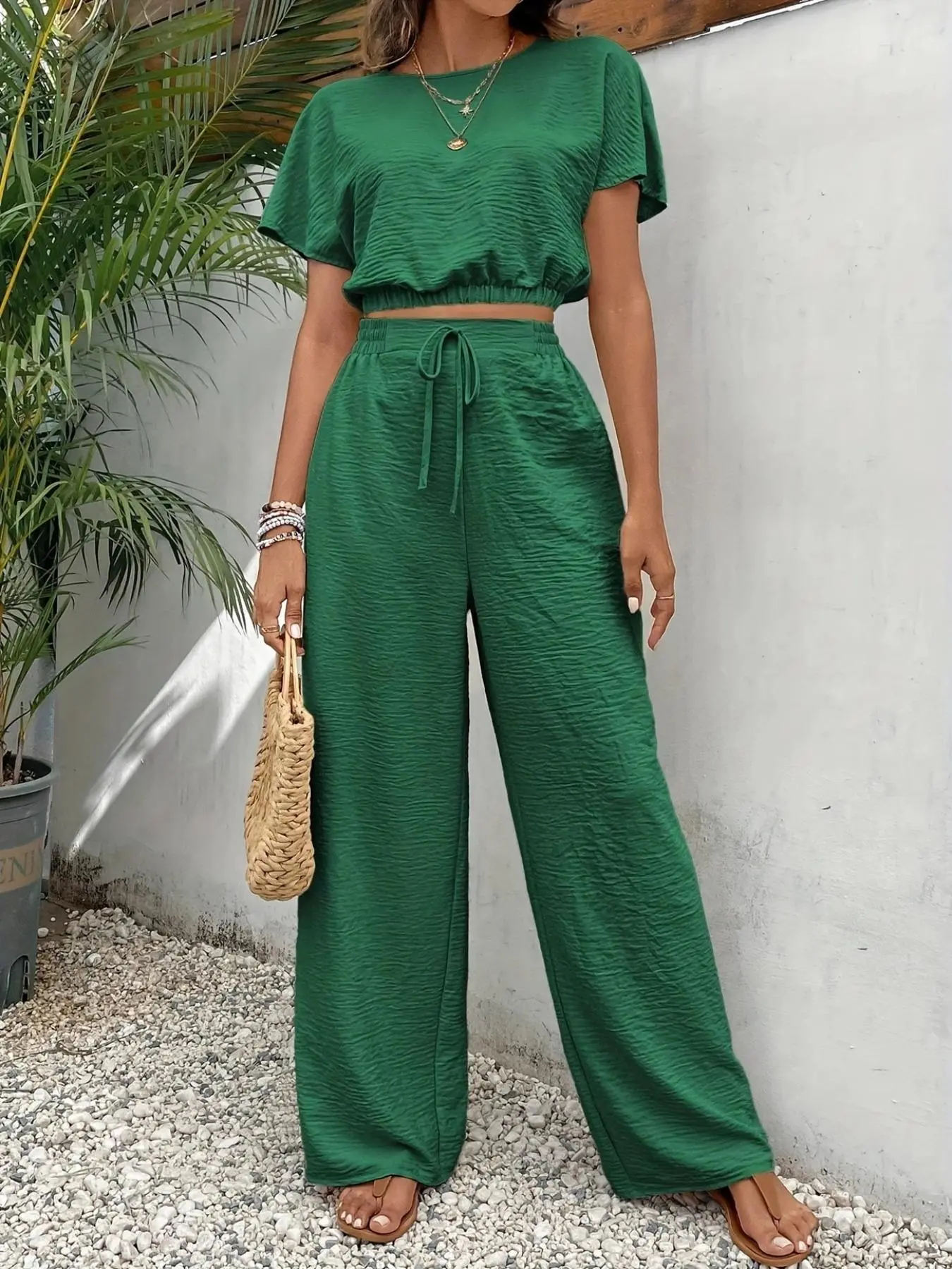 Women's Solid Color Fitted Top & Wide Leg Pants Two-piece Set