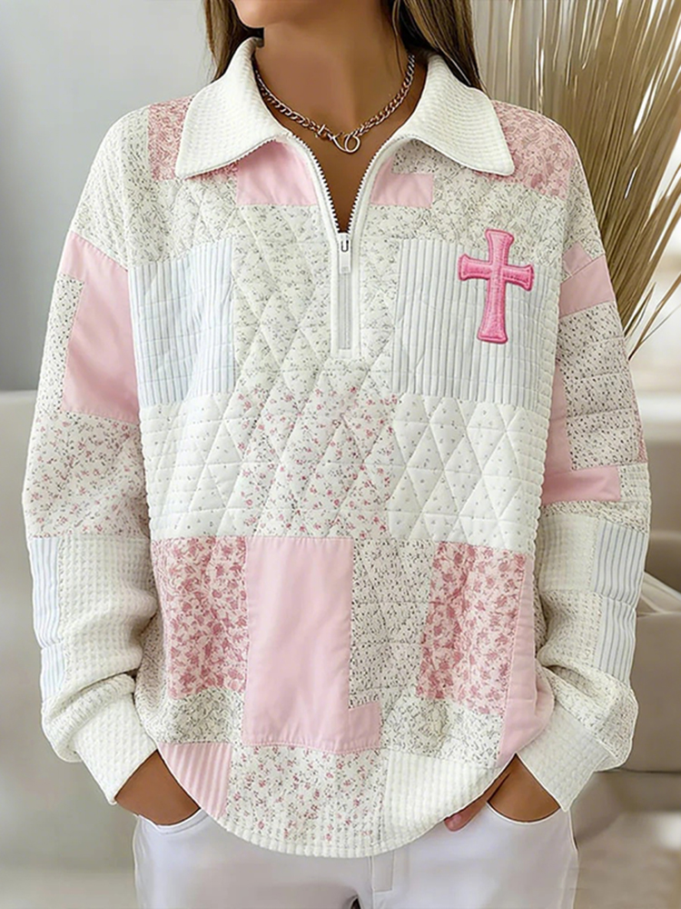 Women's Vintage Floral Cross Patchwork Zip-up Hoodie