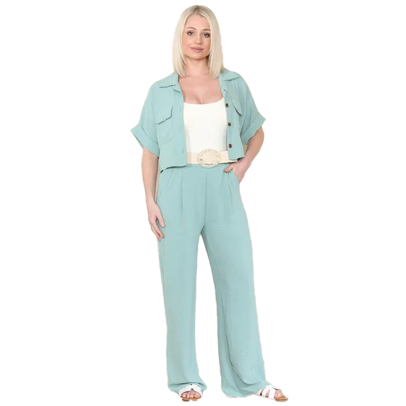 KatchMe Women's Casual Button Front Flap-Pocket Blouse & Wide Leg Trousers Co-ord Set – Crop Short Sleeve Shirt & High Waist Pants Two-Piece Se