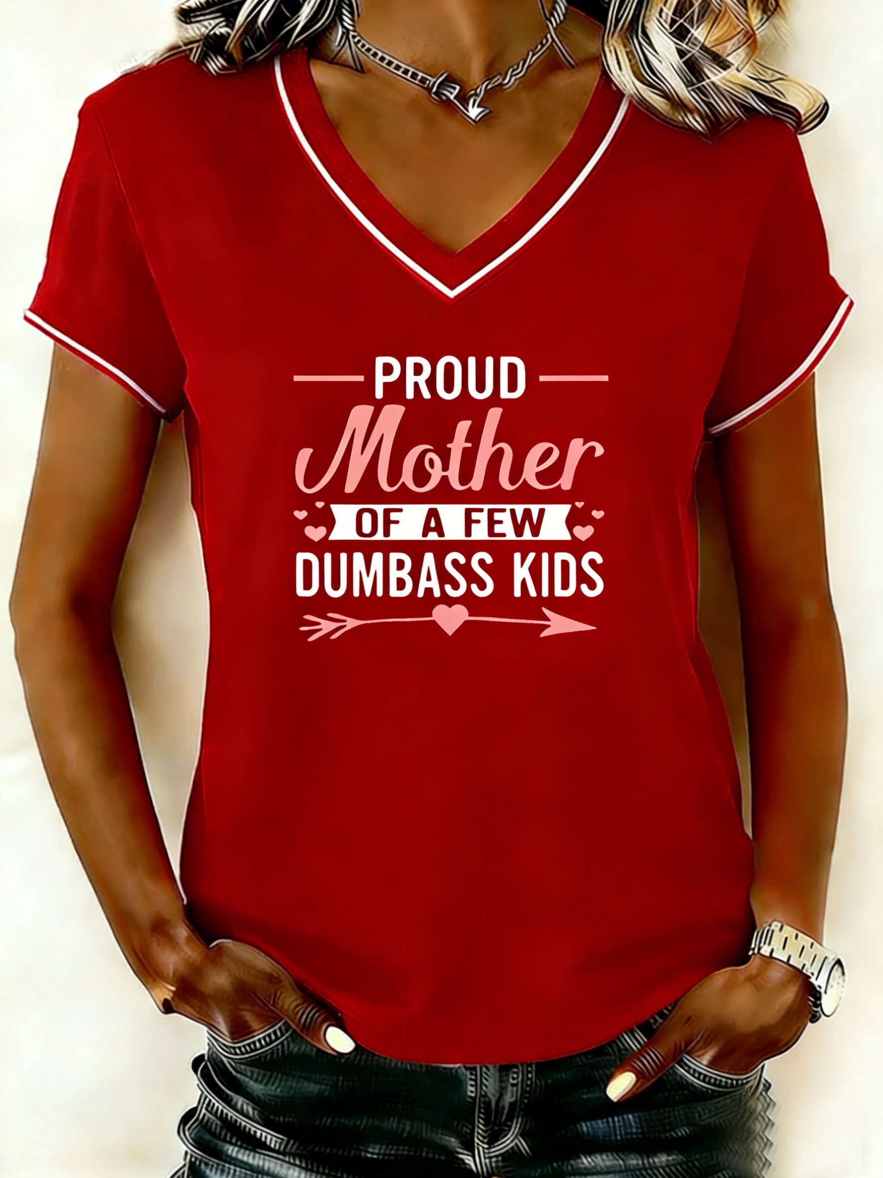 Mother's Day Letter Pattern Short Sleeve V Neck Loose  Casual T-Shirt