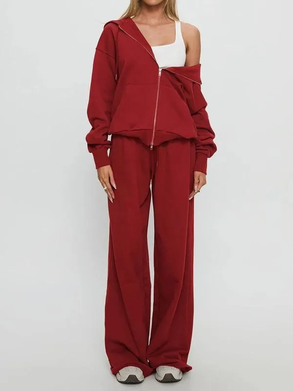 Women Fall Winter Long Sleeve Zipper Hoodie & Pants 2 Piece Set