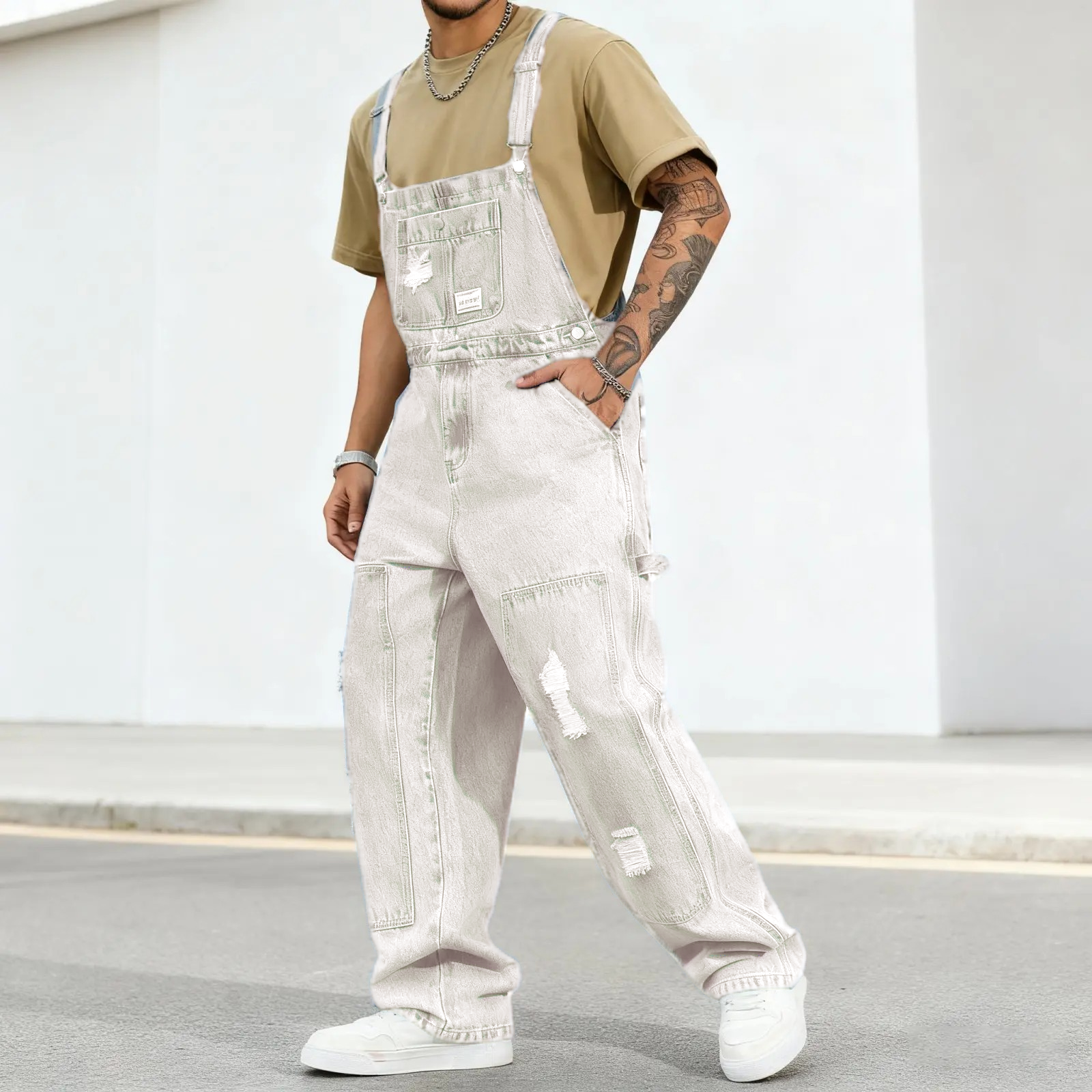 Spring Men's Letter Print Distressed Casual Versatile Denim Bib Overalls Hang