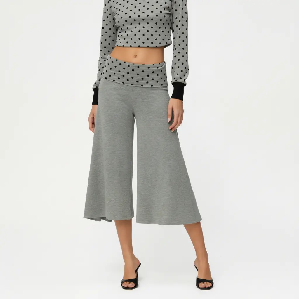 Casual Wide-Leg Culottes for Women - Fold-Over Waist Cropped Pants