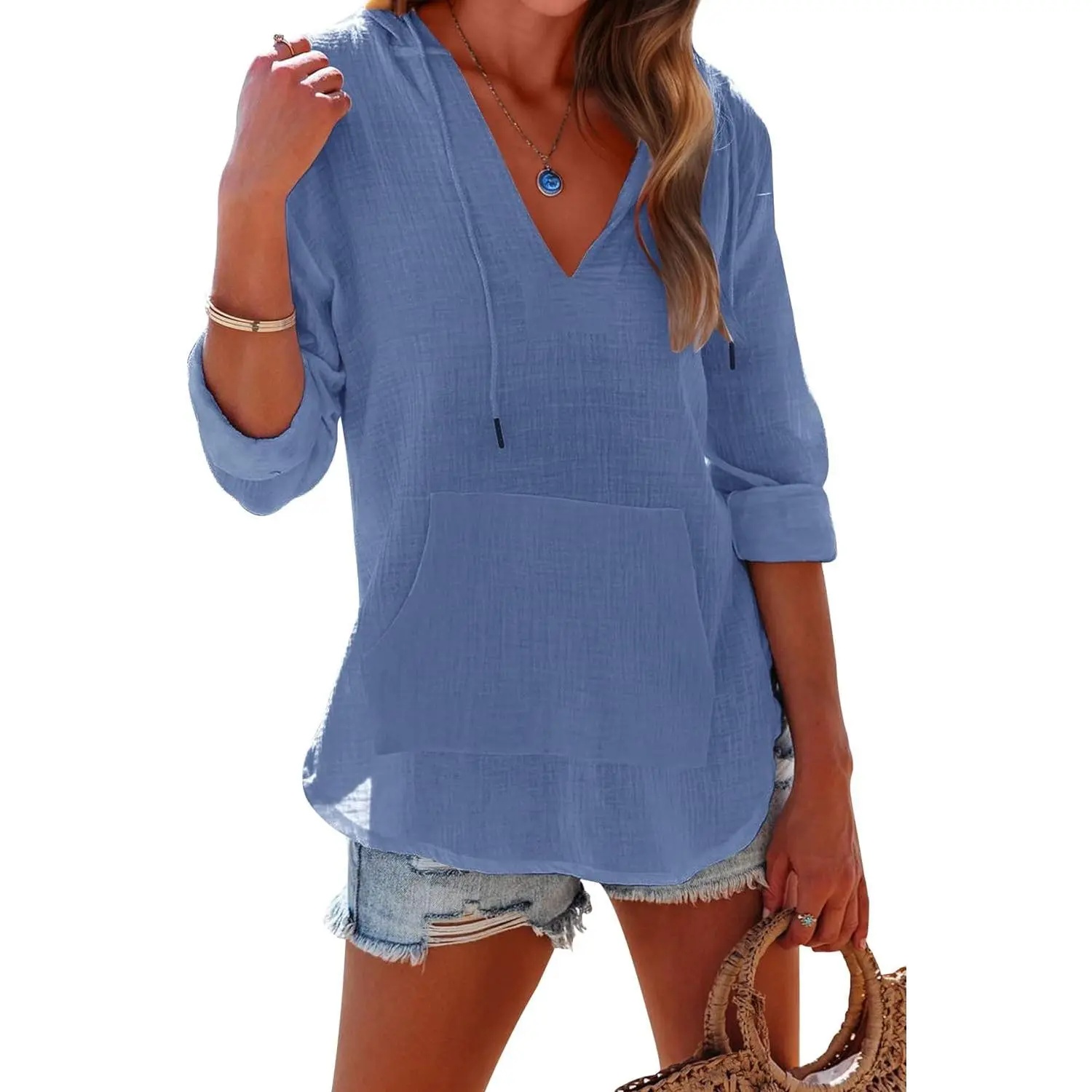 Women's Beach Cover Up hoodies sweatshirt Long Sleeve V Neck Pocketed Hooded Shirt Top