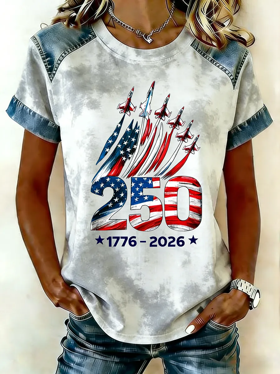 Patriotic USA Flyover 250 Years Denim Raglan Short Sleeve Tee