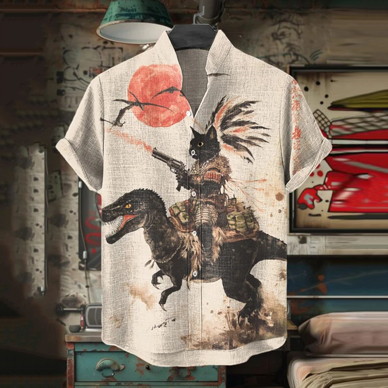Men's Retro Tribal Black Cat Rides A Dinosaur Print Short Sleeve Shirt