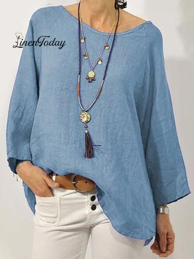 Women's Solid Colour Cotton And Linen Round Neck Ninth Sleeve Blouse