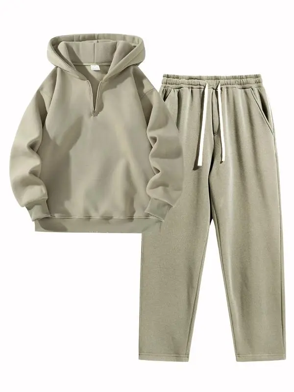 Men's Plain Two-piece Sweatsuit Set, Basic Regular Fit Casual Drop Shoulder Half Zip Hoodie & Pocket Drawstring Sweatpants