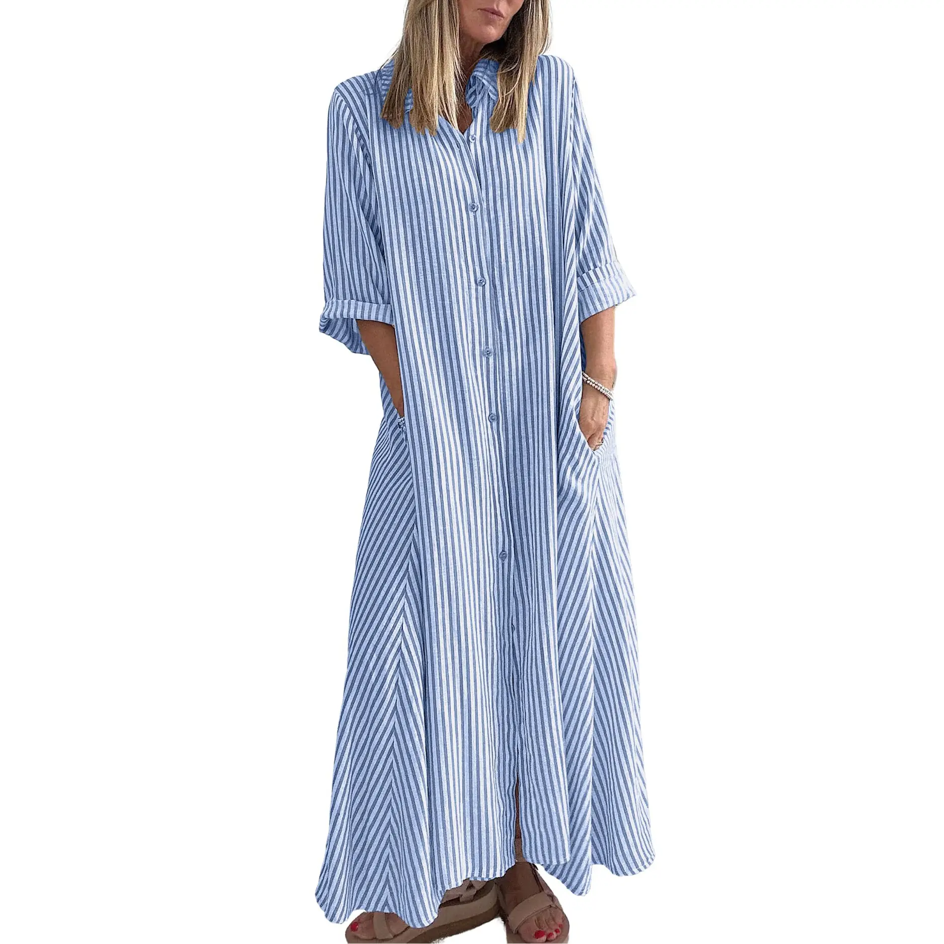 Chouyatou Women's Summer Long Shirt Dress Bohemian Style Striped Dress Casual Button-Down Three-Quarter Sleeve Maxi Dress with Pockets