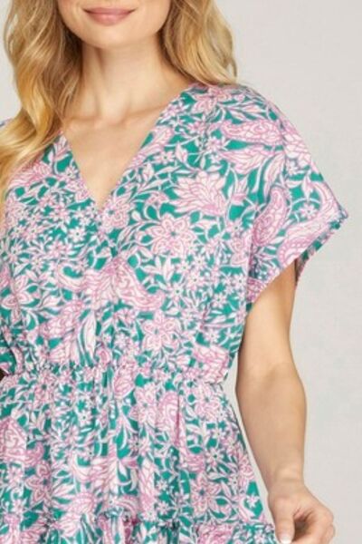 Ruffled Hem Printed Surplice Kimono Sleeve Mini Dress Plus Size